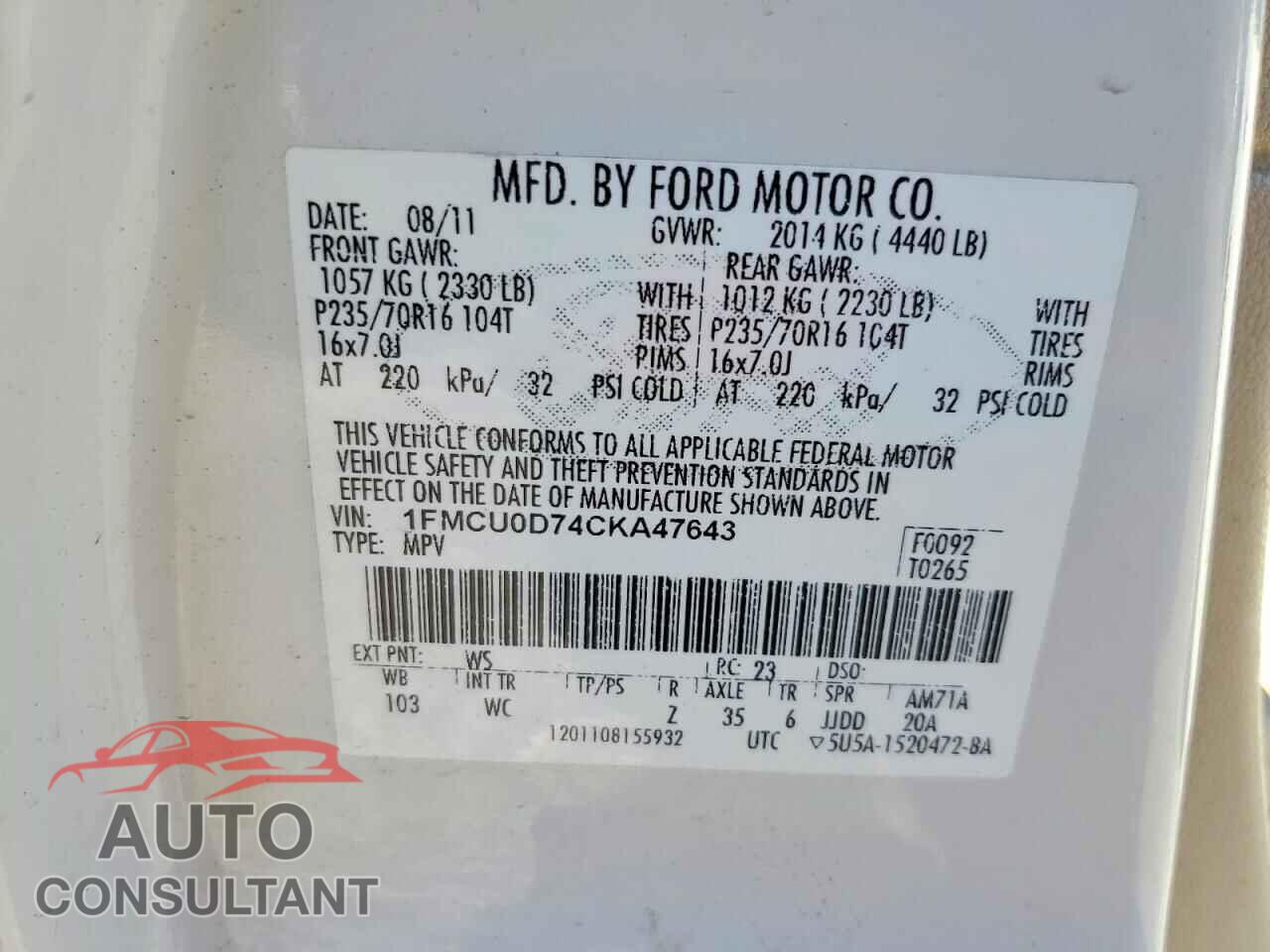 FORD ESCAPE 2012 - 1FMCU0D74CKA47643