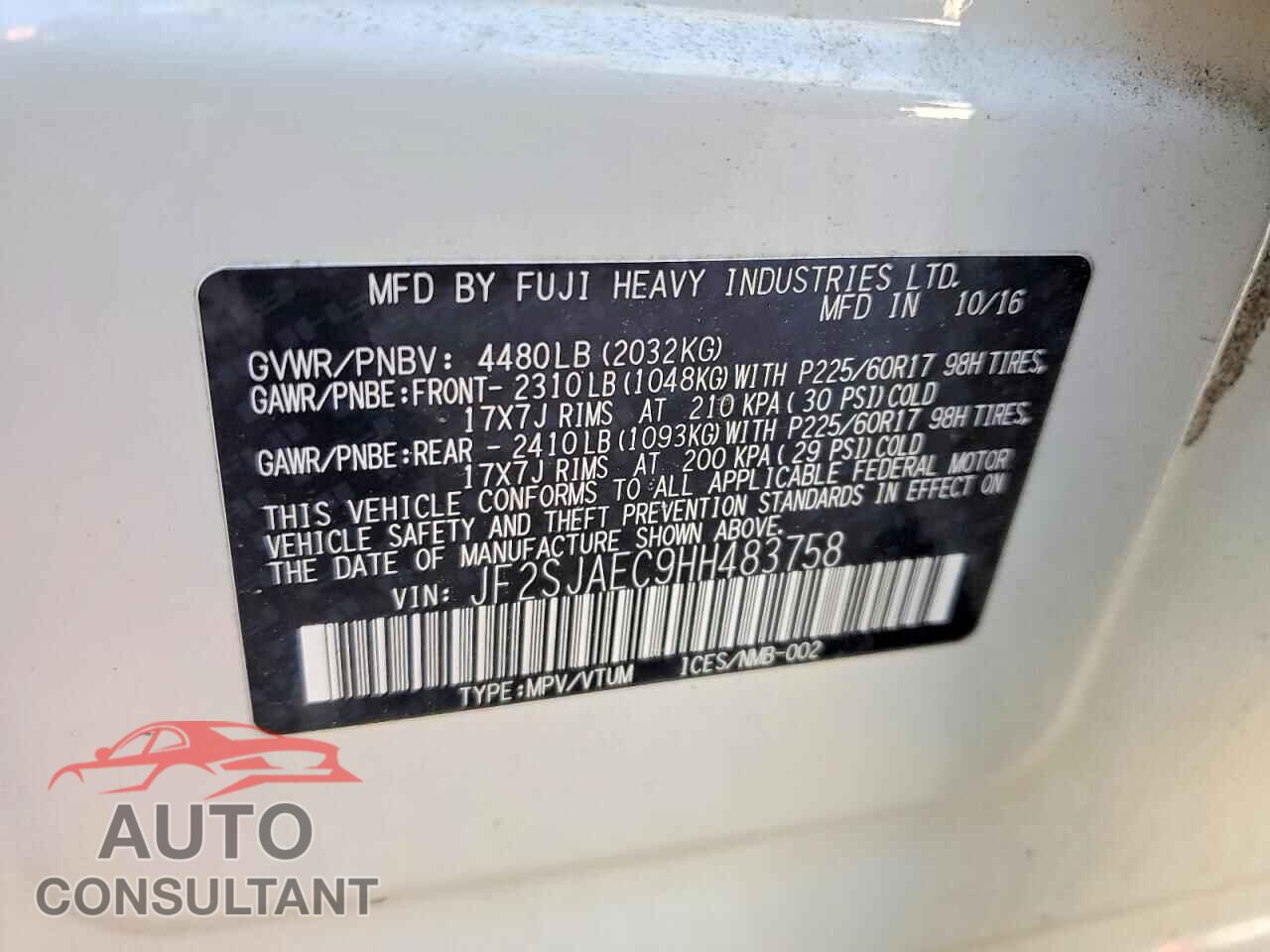 SUBARU FORESTER 2017 - JF2SJAEC9HH483758