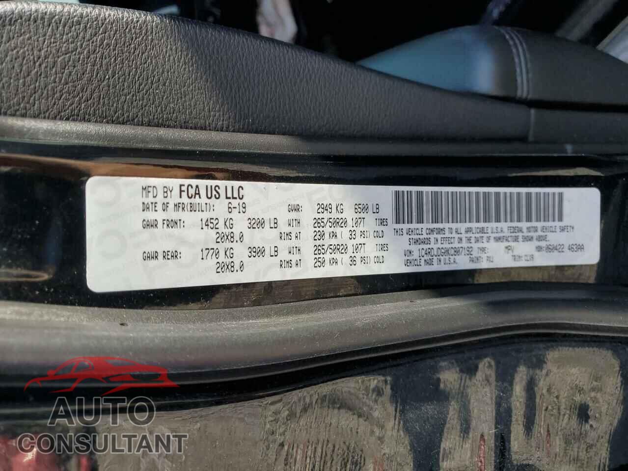 DODGE DURANGO 2019 - 1C4RDJDG0KC807192