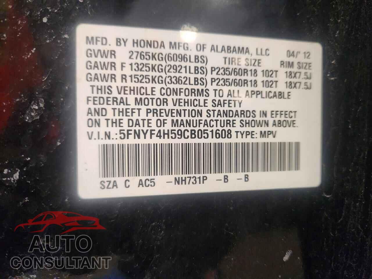 HONDA PILOT 2012 - 5FNYF4H59CB051608