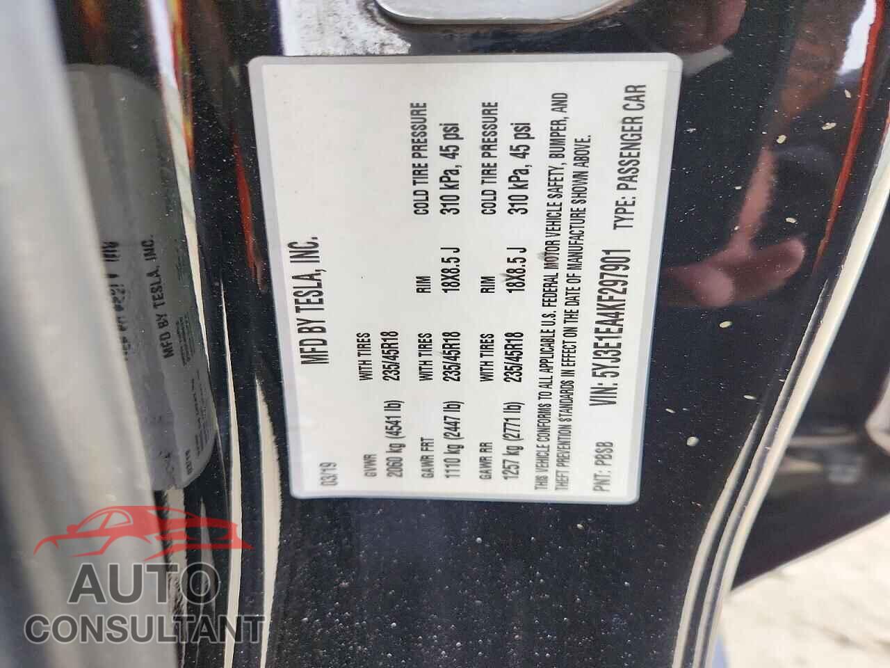 TESLA MODEL 3 2019 - 5YJ3E1EA4KF297901