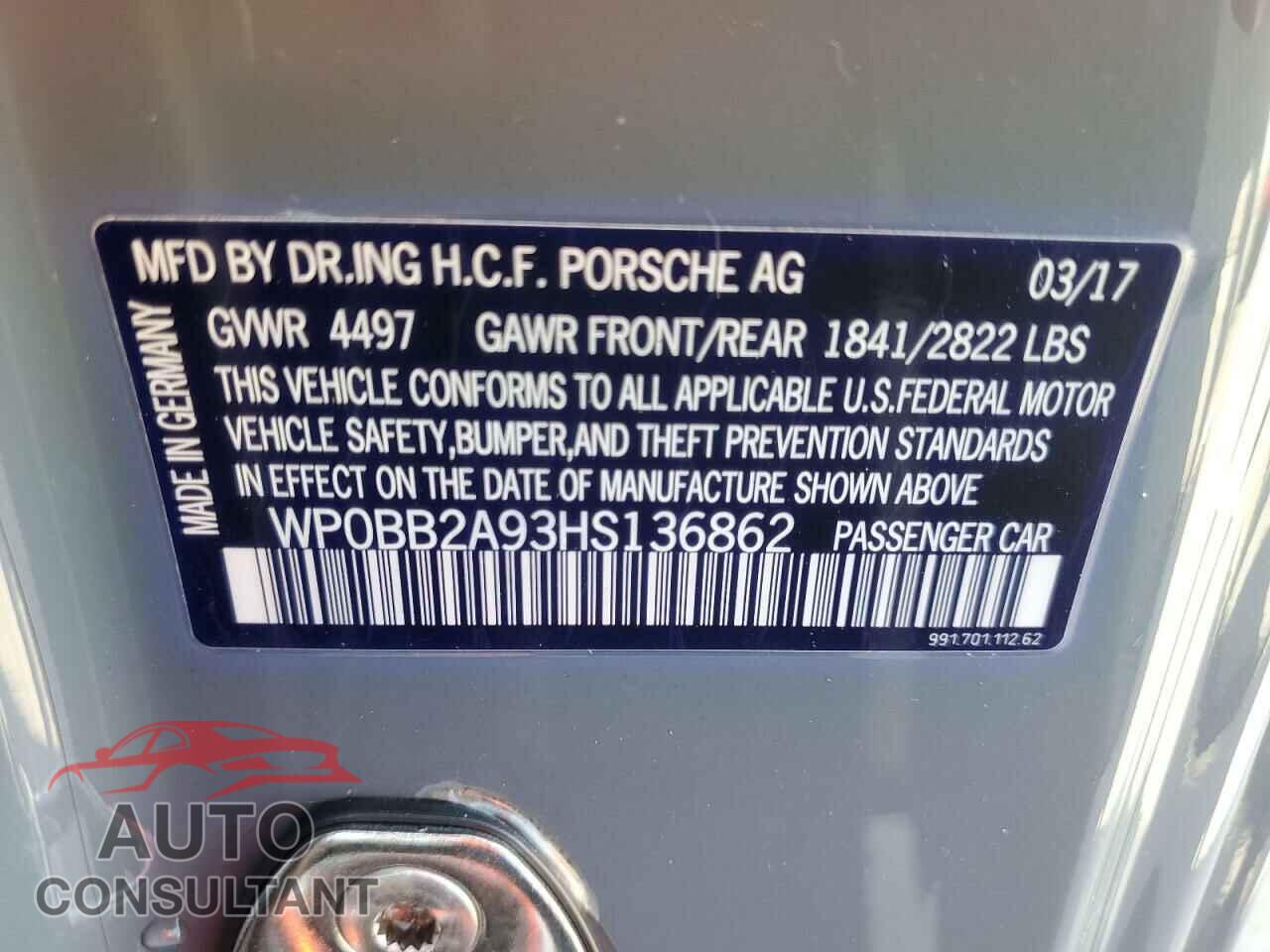 PORSCHE 911 2017 - WP0BB2A93HS136862