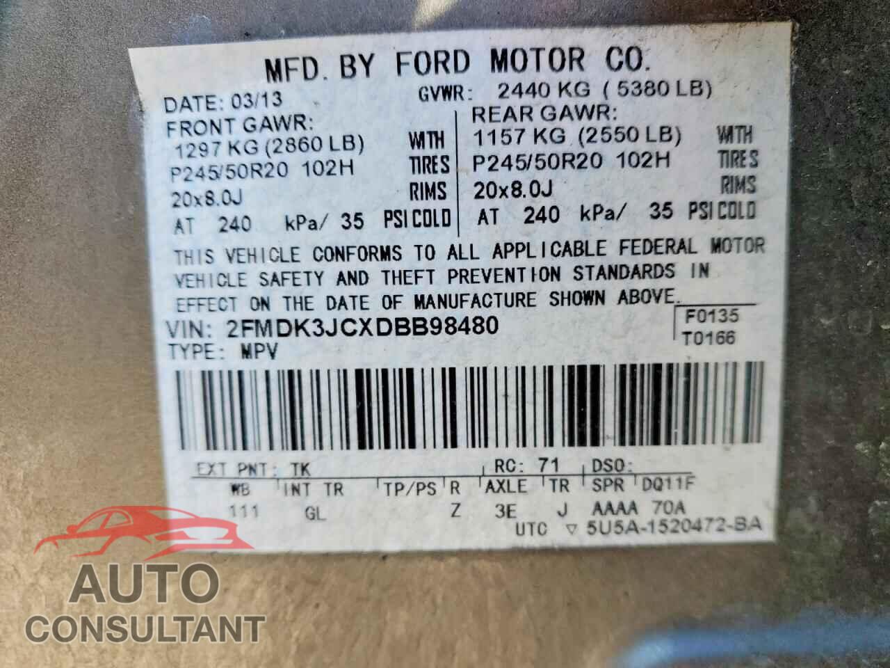 FORD EDGE 2013 - 2FMDK3JCXDBB98480
