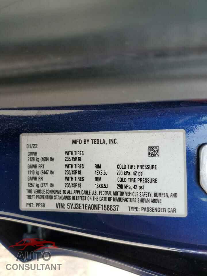 TESLA MODEL 3 2022 - 5YJ3E1EA0NF158837