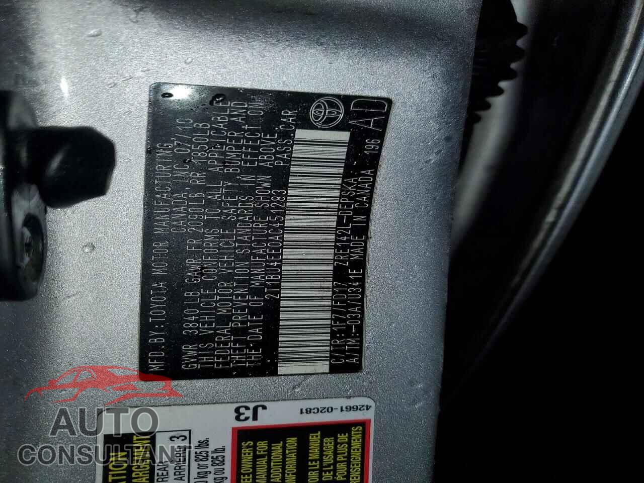 TOYOTA COROLLA 2010 - 2T1BU4EE0AC451283