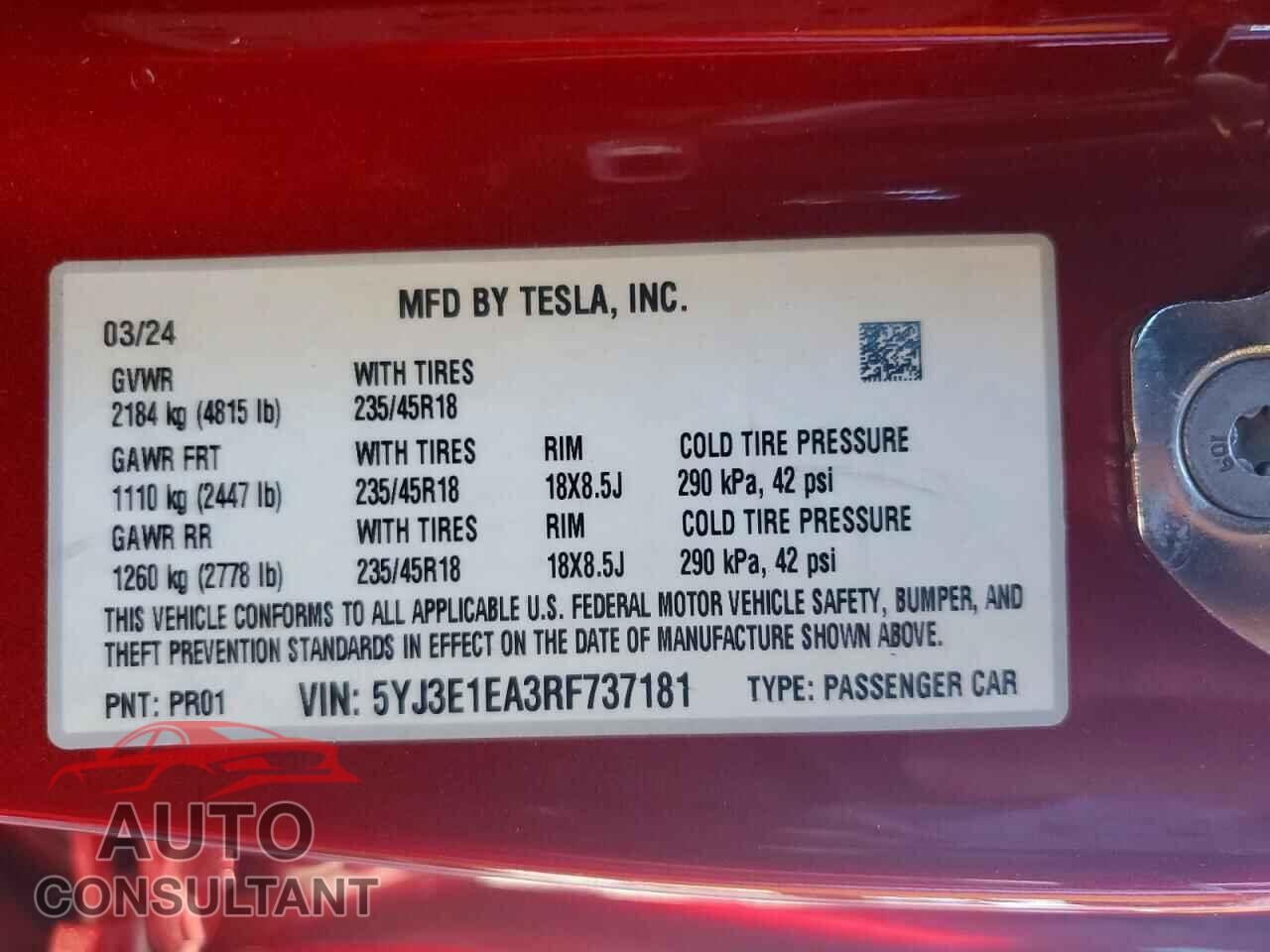 TESLA MODEL 3 2024 - 5YJ3E1EA3RF737181
