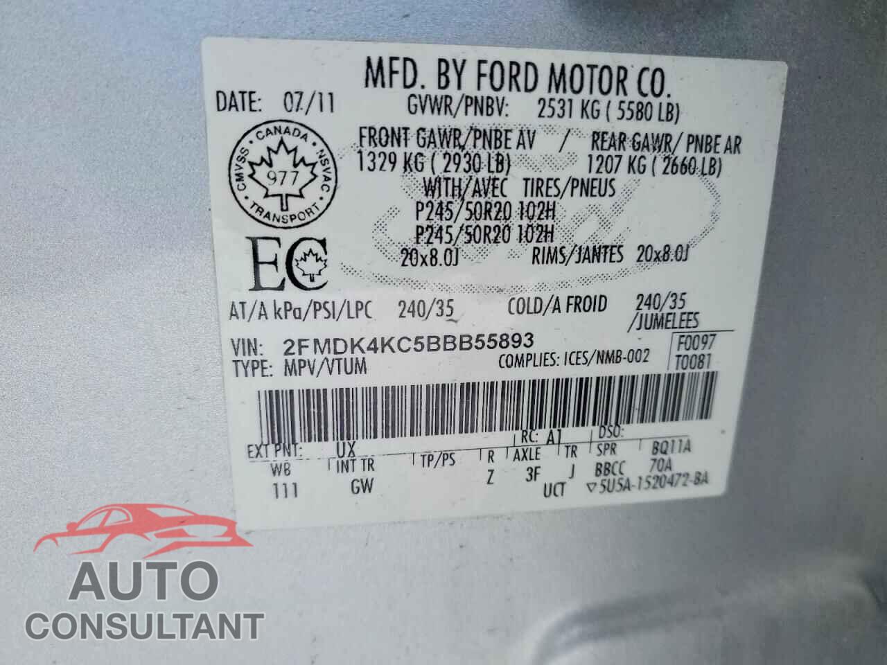 FORD EDGE 2011 - 2FMDK4KC5BBB55893
