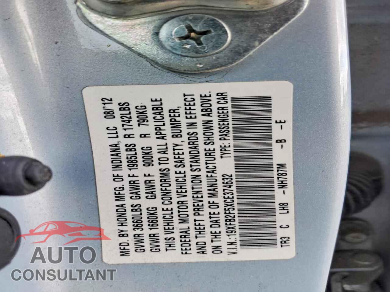 HONDA CIVIC 2012 - 19XFB2F5XCE374632
