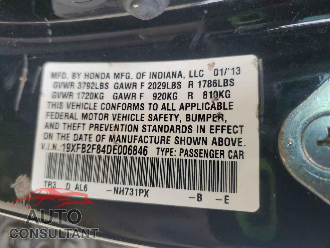 HONDA CIVIC 2013 - 19XFB2F84DE006846