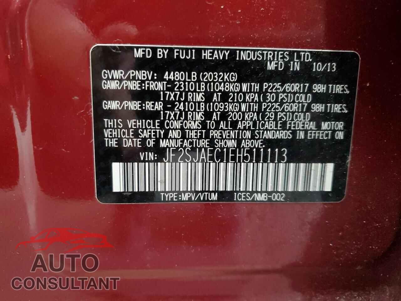 SUBARU FORESTER 2014 - JF2SJAEC1EH511113
