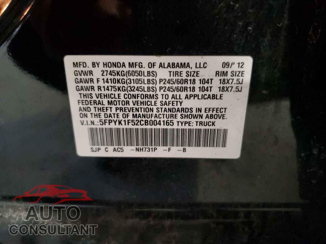 HONDA RIDGELINE 2012 - 5FPYK1F52CB004165