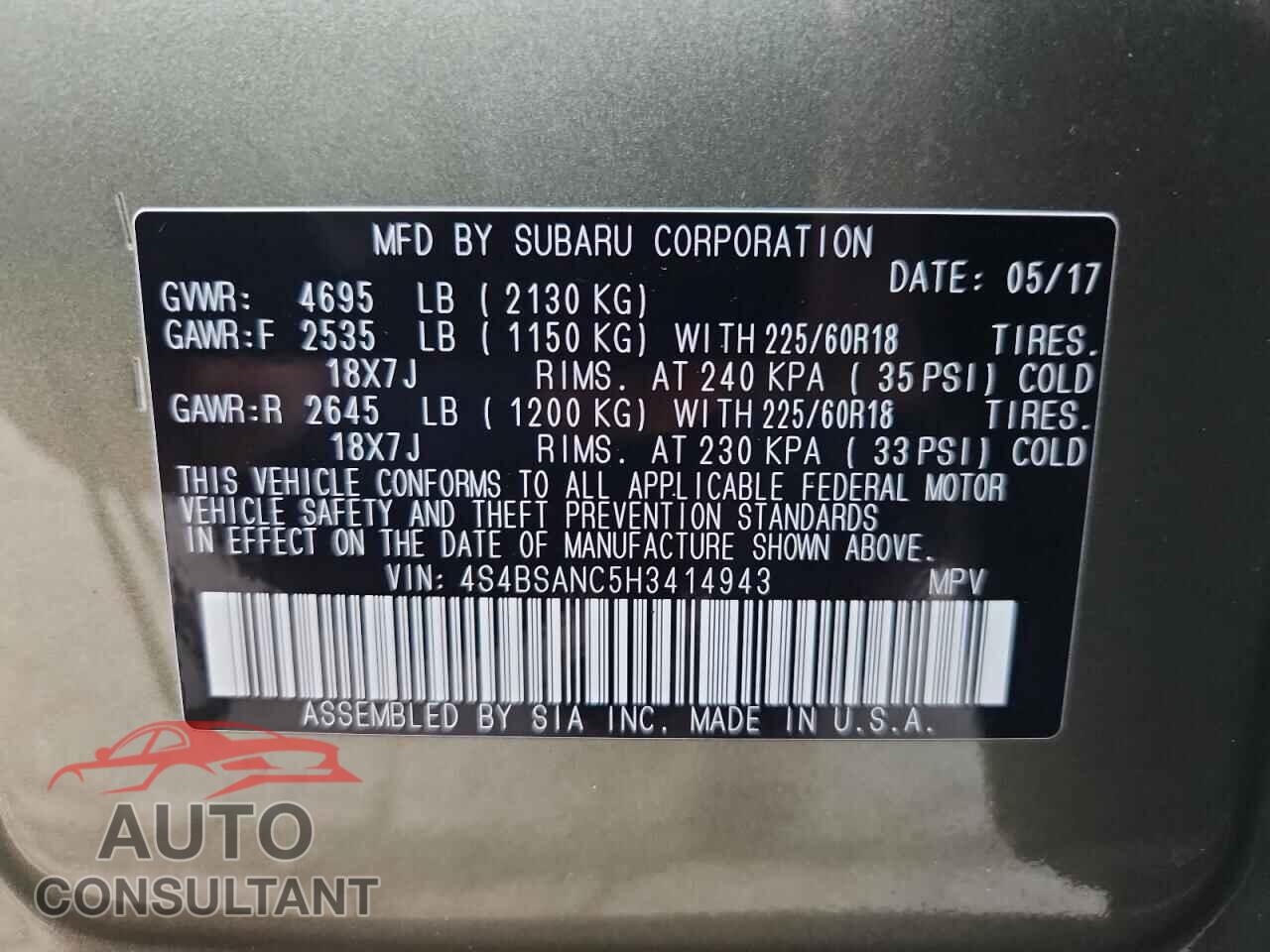 SUBARU OUTBACK 2017 - 4S4BSANC5H3414943