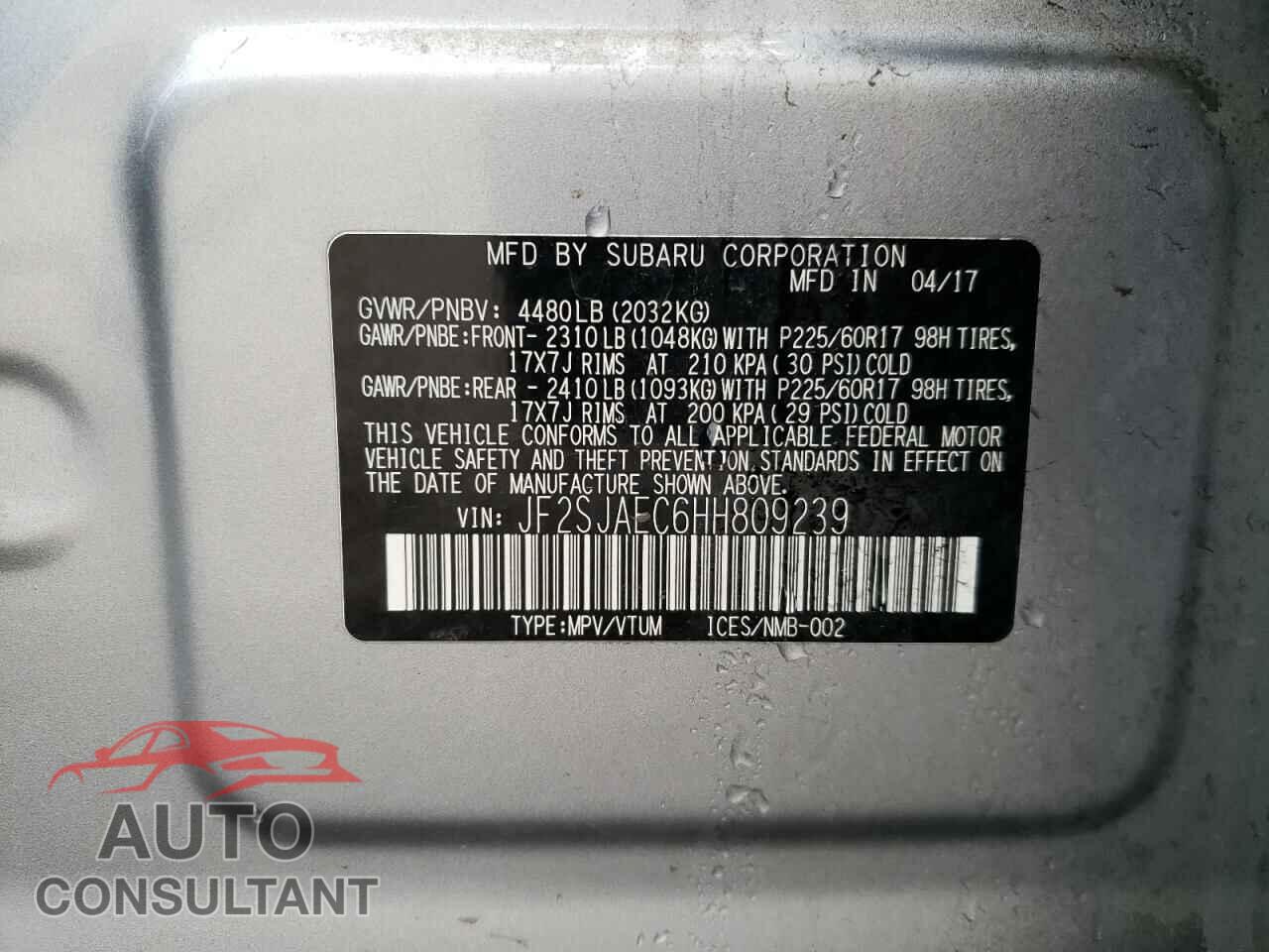 SUBARU FORESTER 2017 - JF2SJAEC6HH809239