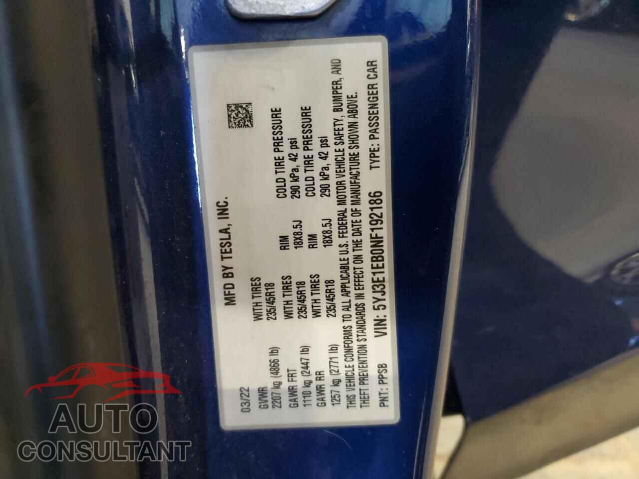 TESLA MODEL 3 2022 - 5YJ3E1EB0NF192186