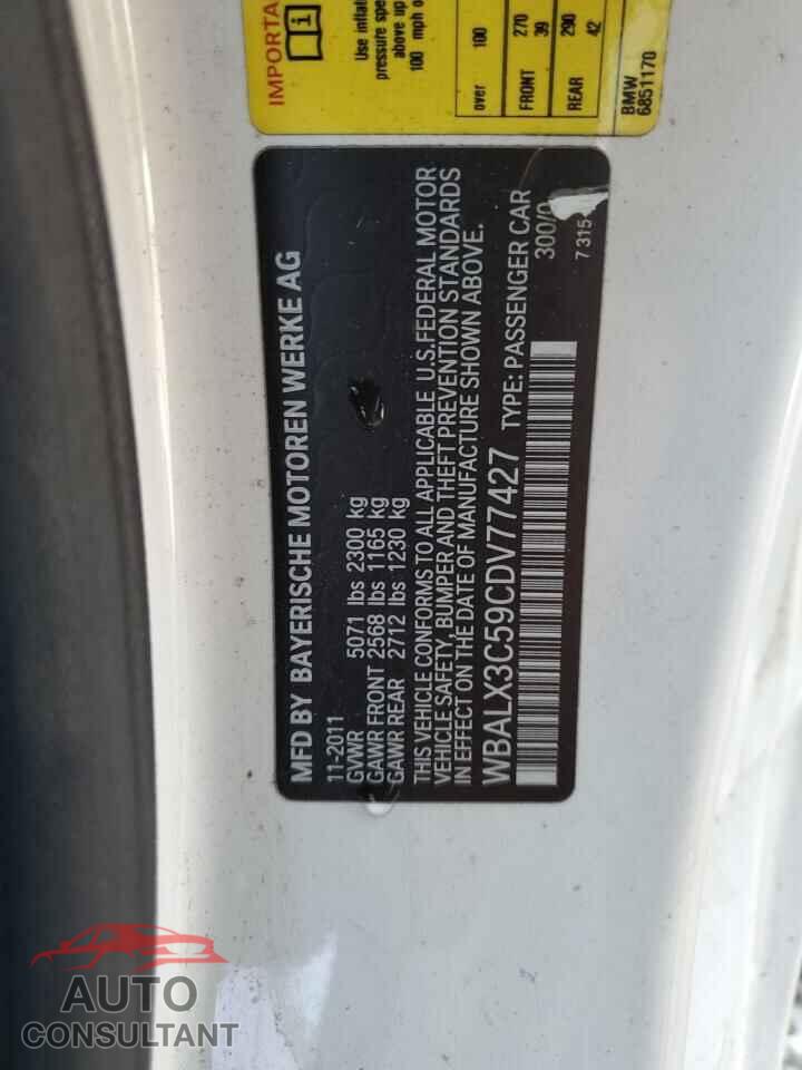 BMW 6 SERIES 2012 - WBALX3C59CDV77427