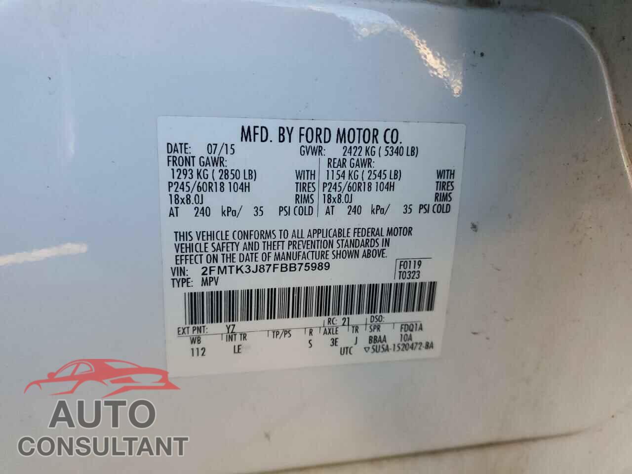 FORD EDGE 2015 - 2FMTK3J87FBB75989