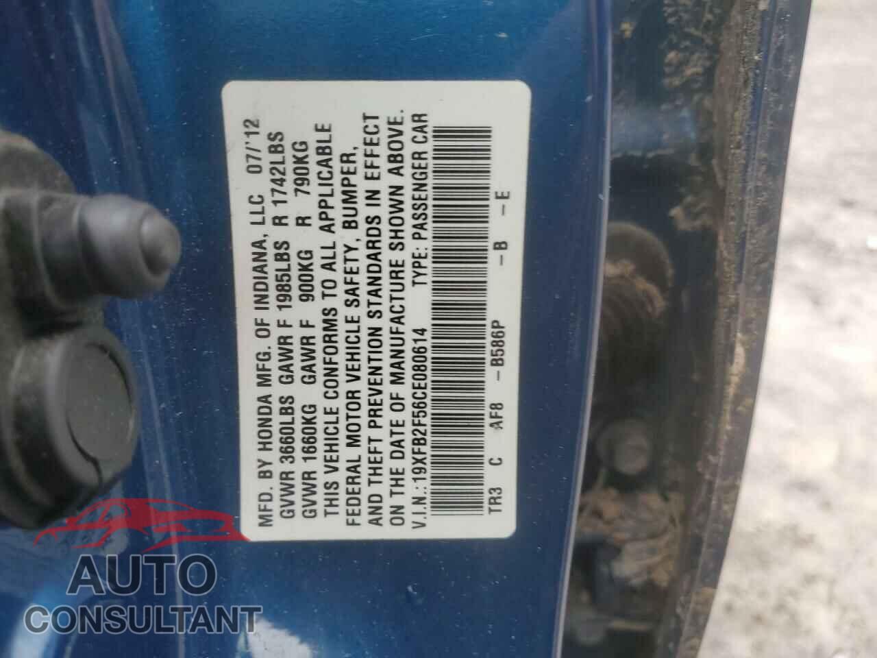 HONDA CIVIC 2012 - 19XFB2F56CE080614