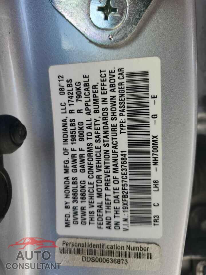 HONDA CIVIC 2012 - 19XFB2F57CE376841