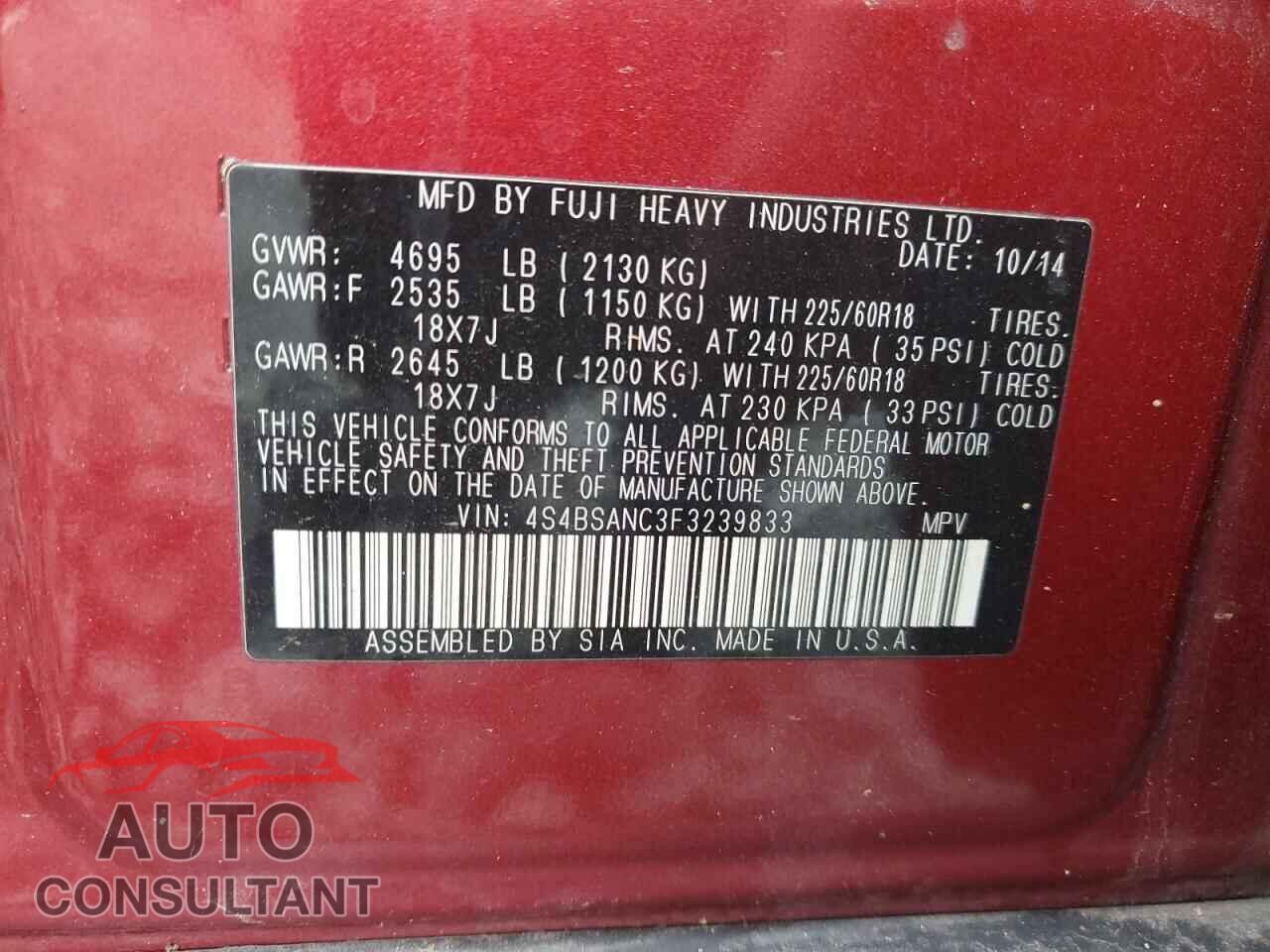 SUBARU OUTBACK 2015 - 4S4BSANC3F3239833