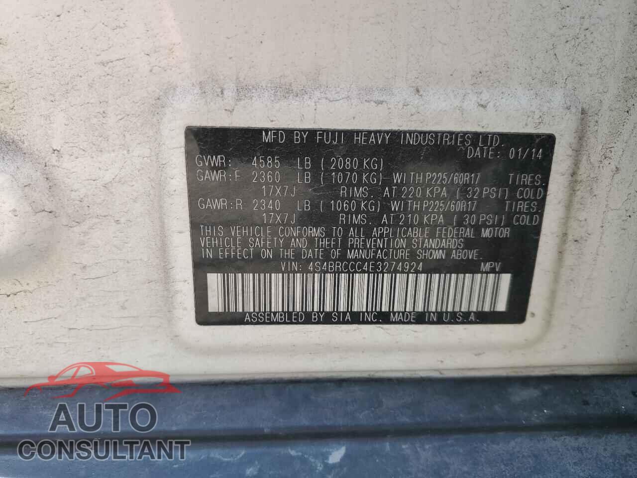 SUBARU OUTBACK 2014 - 4S4BRCCC4E3274924