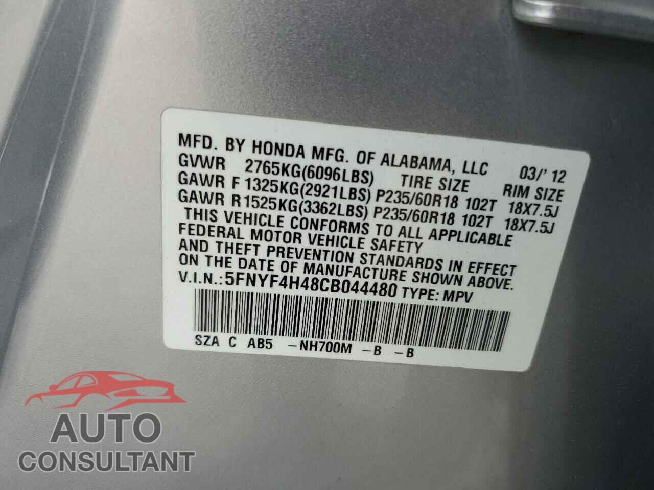HONDA PILOT 2012 - 5FNYF4H48CB044480