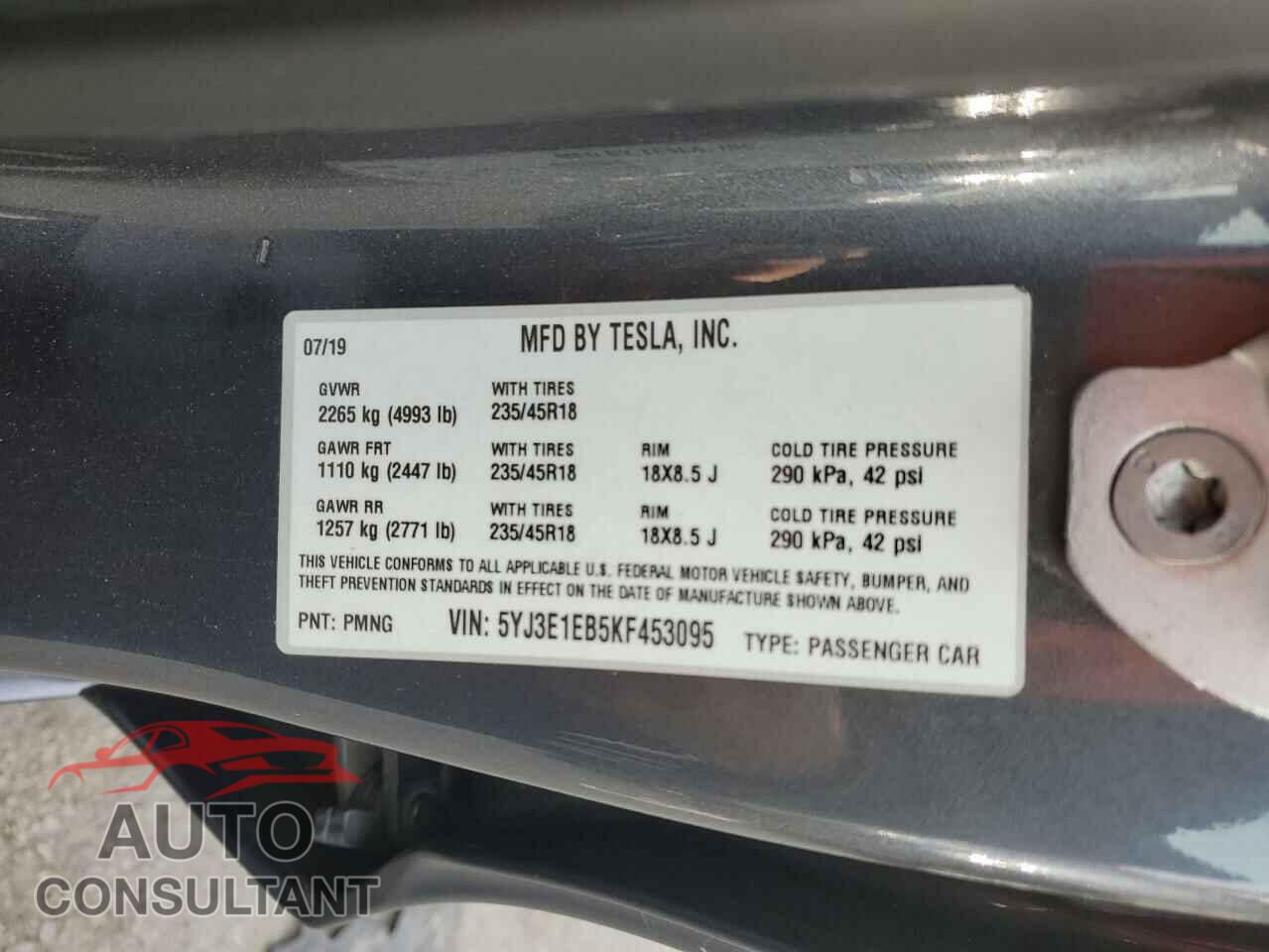 TESLA MODEL 3 2019 - 5YJ3E1EB5KF453095