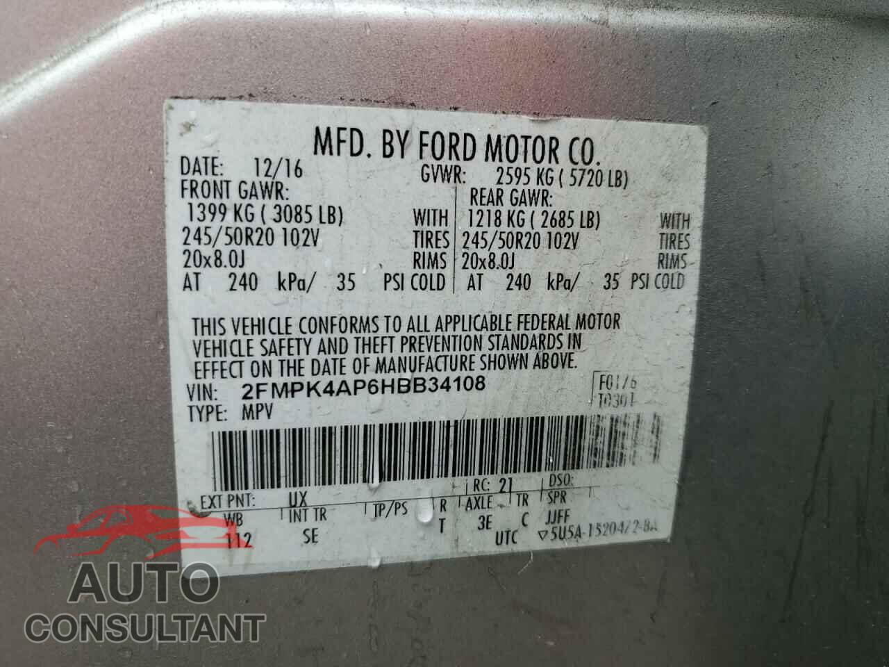 FORD EDGE 2017 - 2FMPK4AP6HBB34108