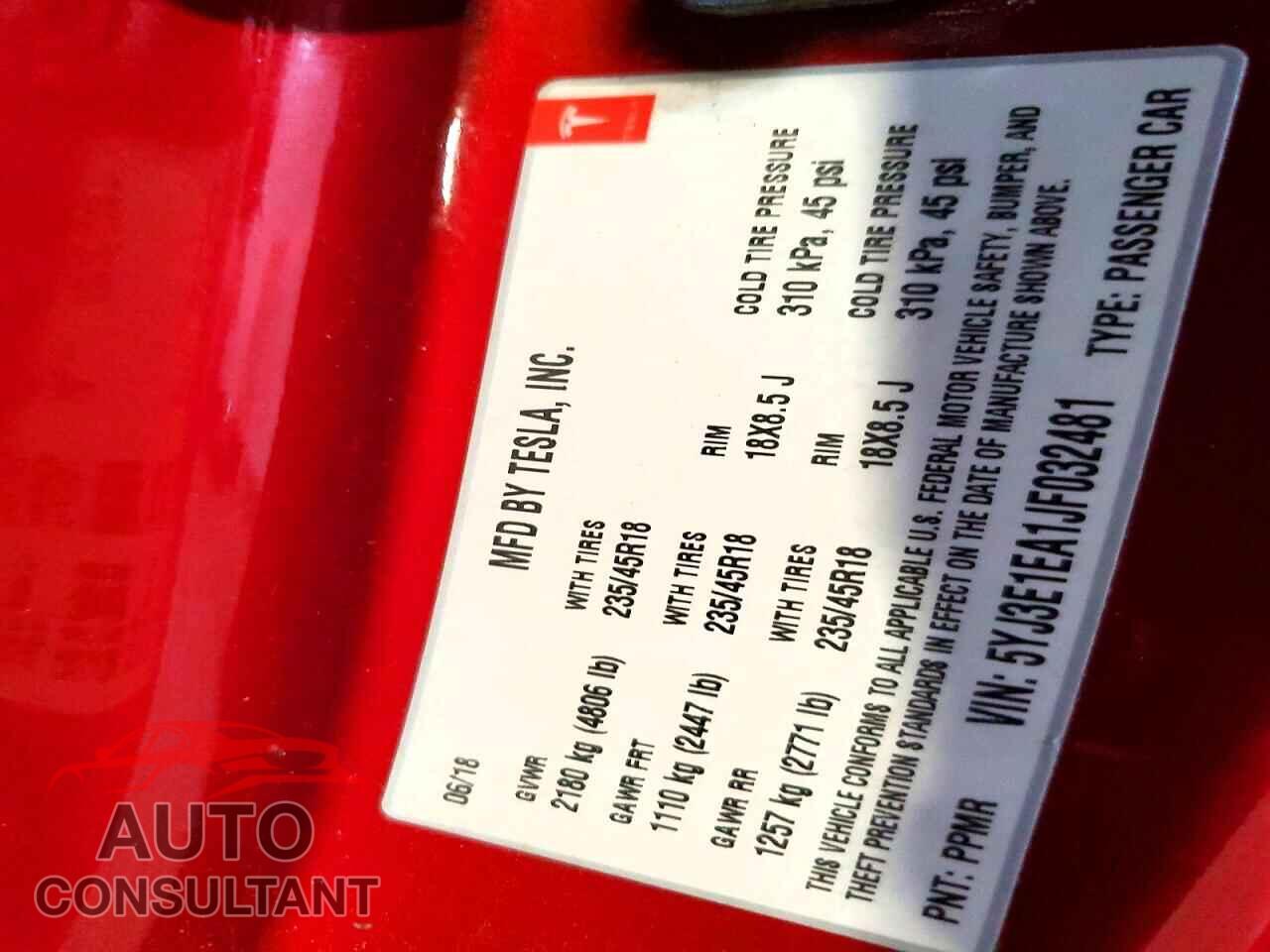 TESLA MODEL 3 2018 - 5YJ3E1EA1JF032481