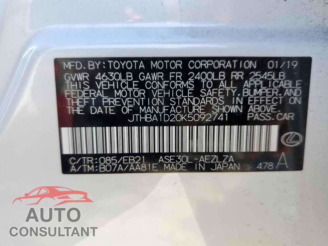 LEXUS IS 2019 - JTHBA1D20K5092741