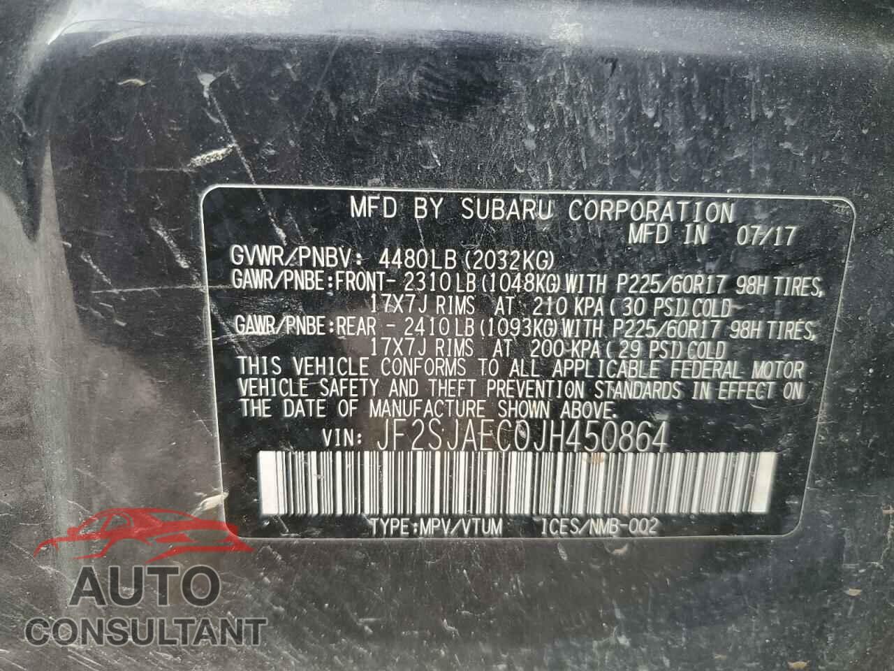 SUBARU FORESTER 2018 - JF2SJAEC0JH450864