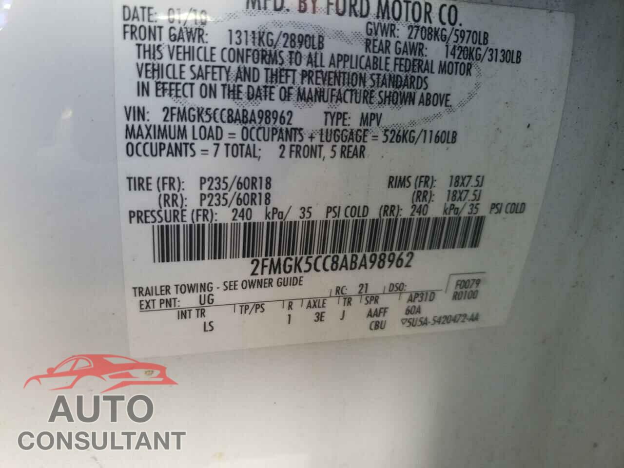 FORD FLEX 2010 - 2FMGK5CC8ABA98962