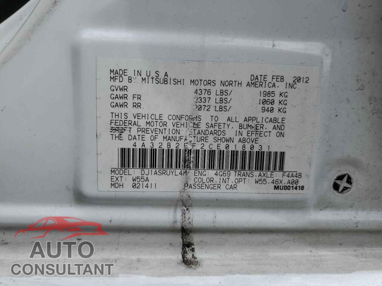 MITSUBISHI GALANT 2012 - 4A32B2FF2CE018031