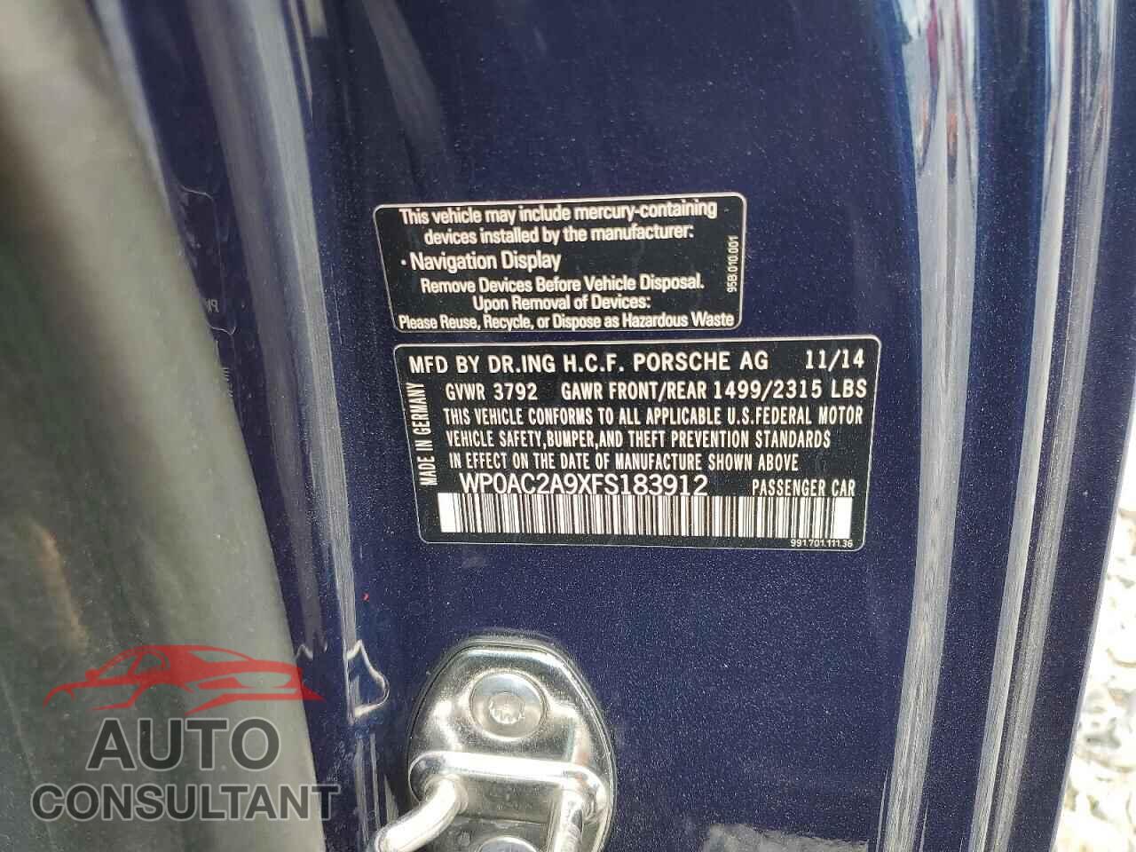 PORSCHE 911 2015 - WP0AC2A9XFS183912