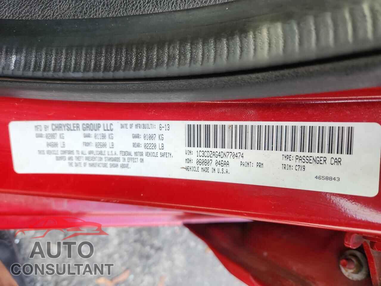 DODGE AVENGER 2013 - 1C3CDZAG4DN770474
