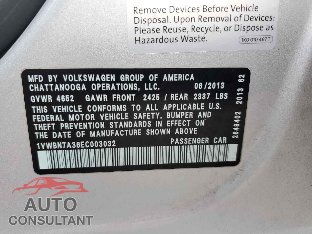 VOLKSWAGEN PASSAT 2014 - 1VWBN7A36EC003032