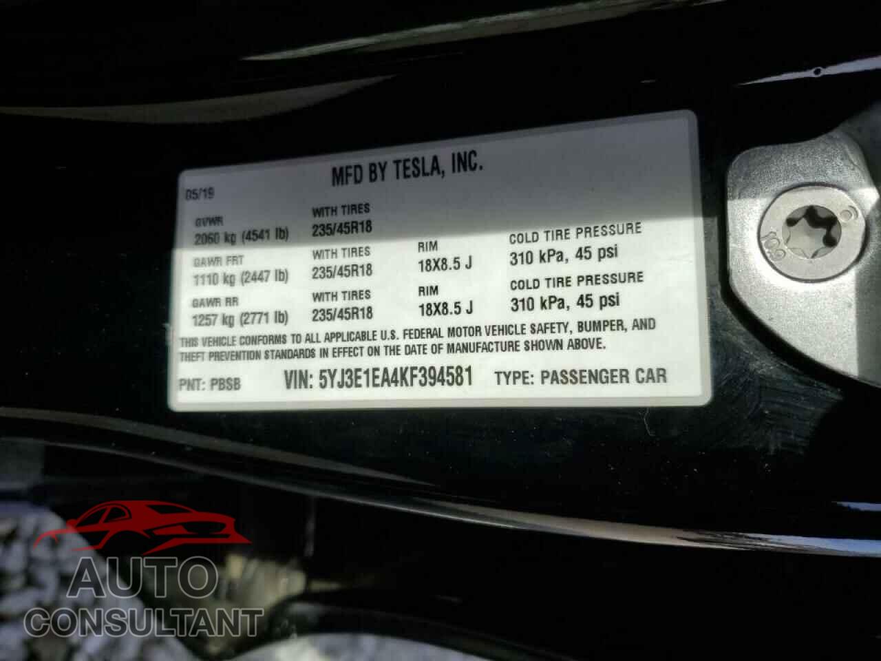 TESLA MODEL 3 2019 - 5YJ3E1EA4KF394581