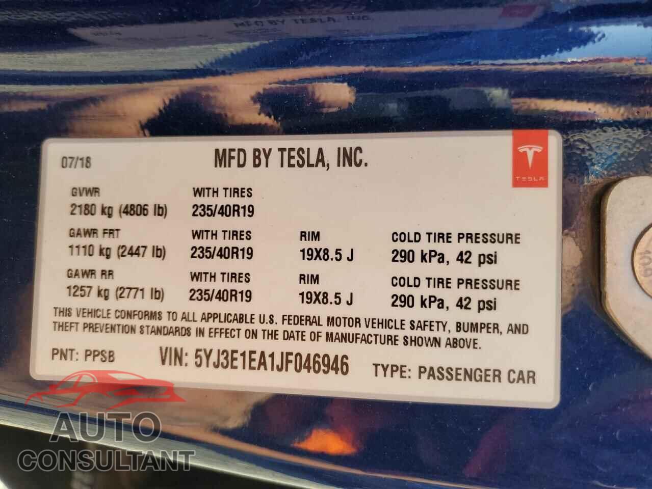 TESLA MODEL 3 2018 - 5YJ3E1EA1JF046946