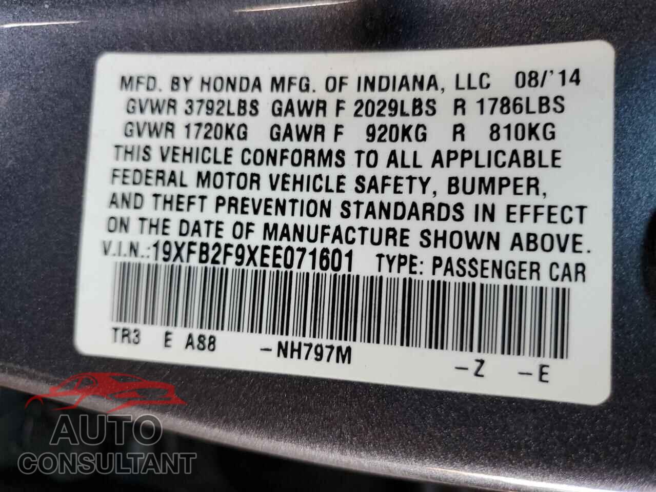 HONDA CIVIC 2014 - 19XFB2F9XEE071601