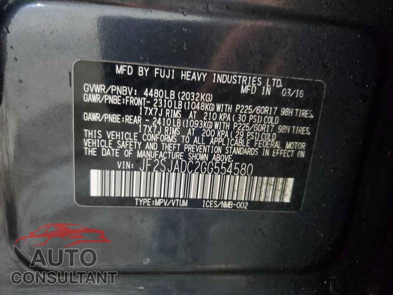 SUBARU FORESTER 2016 - JF2SJADC2GG554580