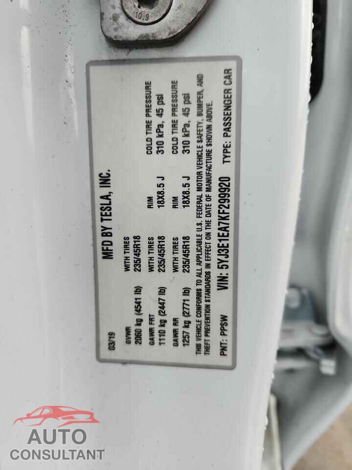 TESLA MODEL 3 2019 - 5YJ3E1EA7KF299920