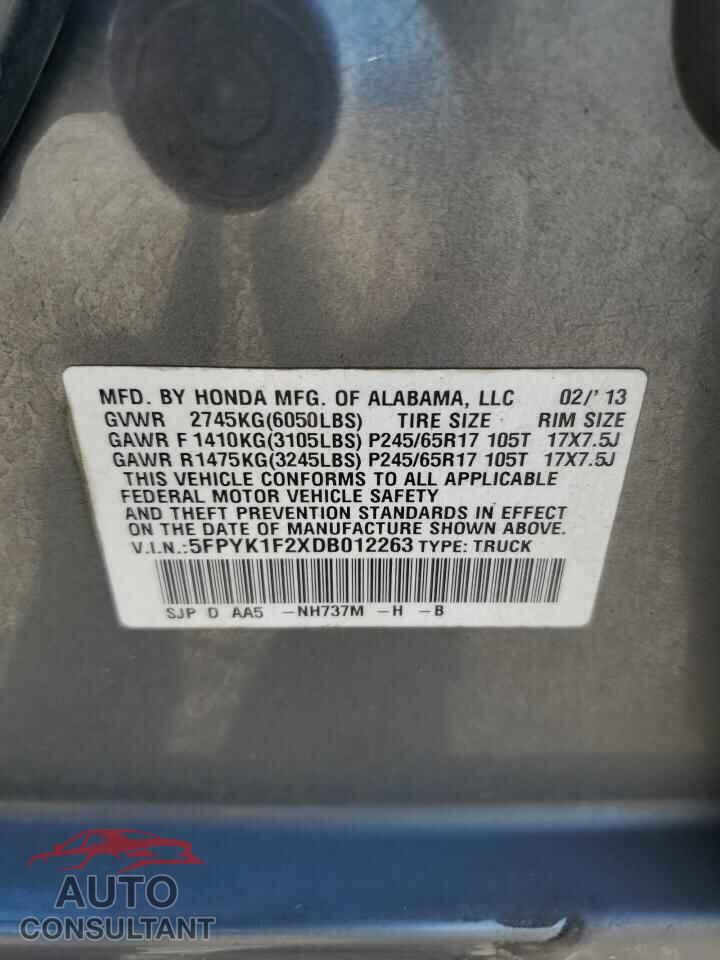 HONDA RIDGELINE 2013 - 5FPYK1F2XDB012263