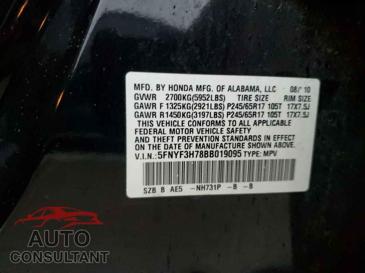 HONDA PILOT 2011 - 5FNYF3H78BB019095