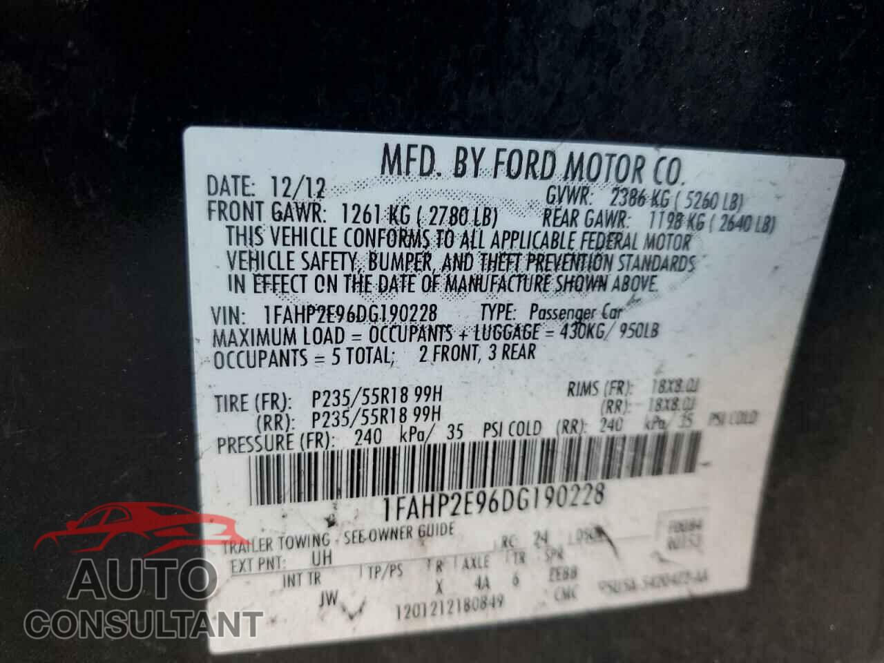 FORD TAURUS 2013 - 1FAHP2E96DG190228