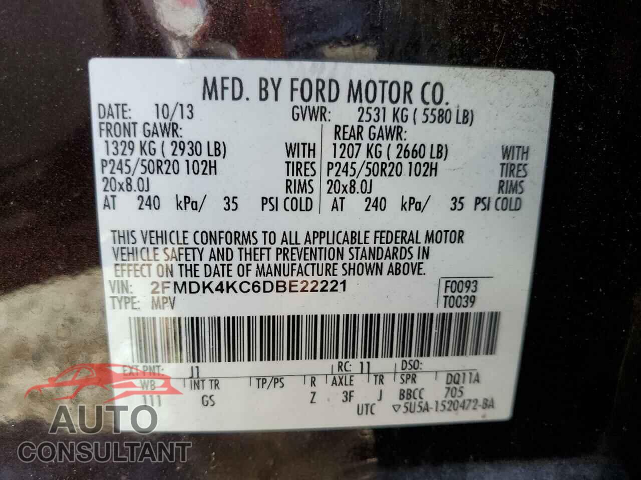 FORD EDGE 2013 - 2FMDK4KC6DBE22221
