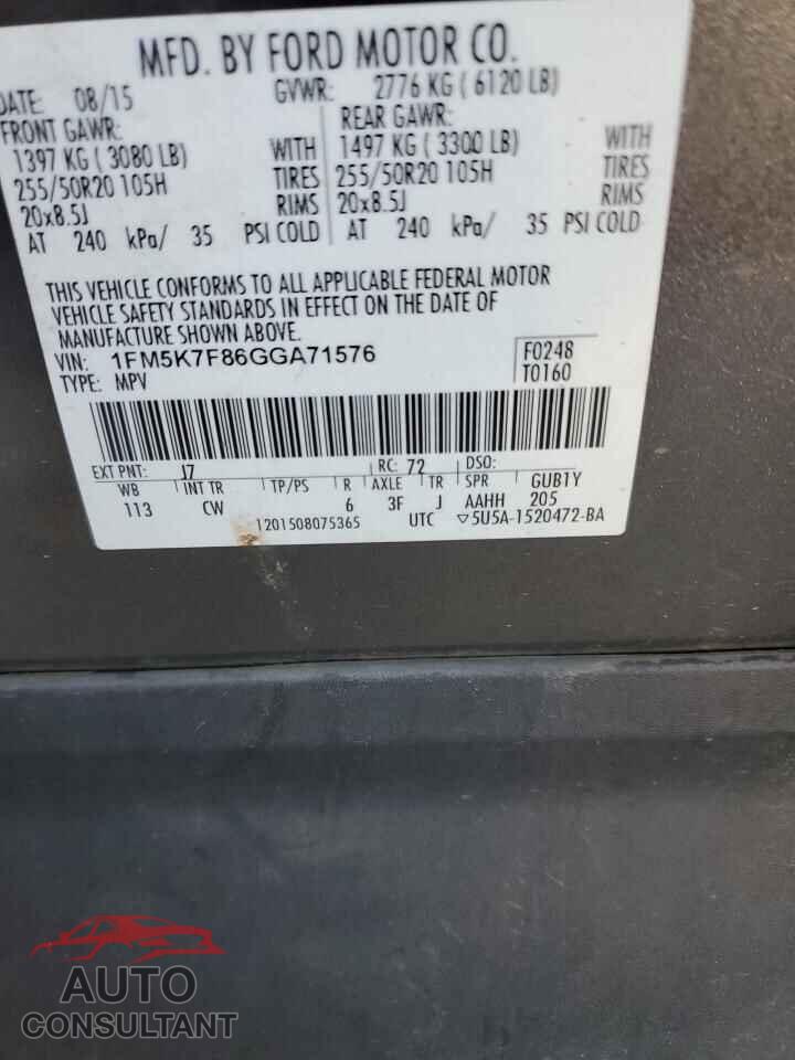 FORD EXPLORER 2016 - 1FM5K7F86GGA71576