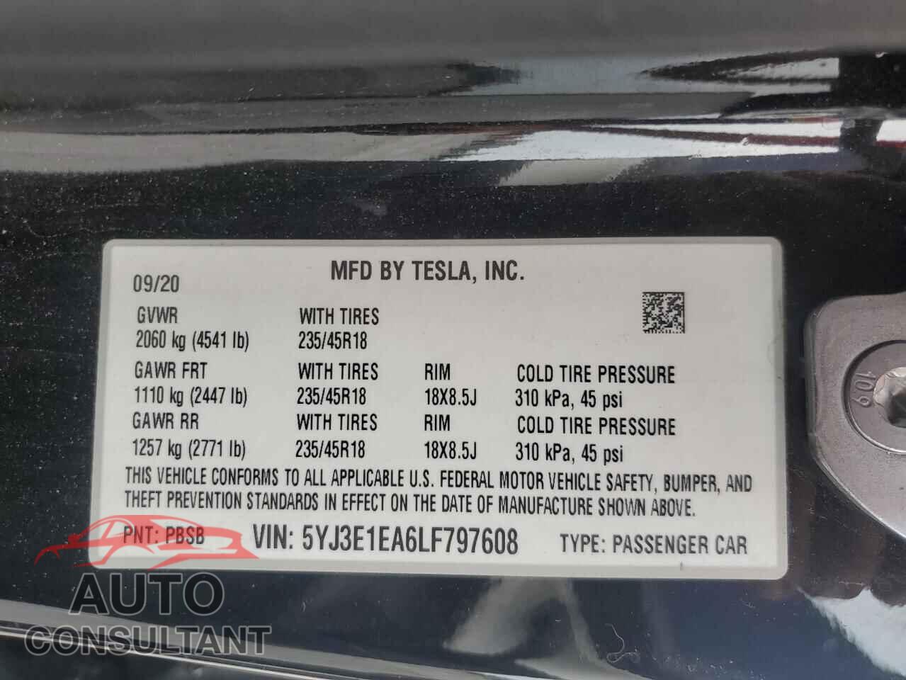 TESLA MODEL 3 2020 - 5YJ3E1EA6LF797608