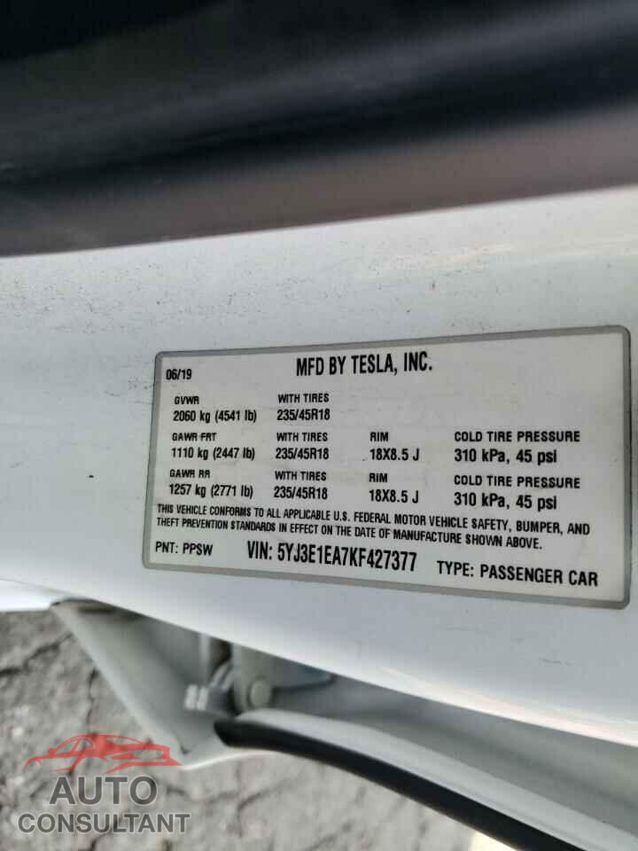 TESLA MODEL 3 2019 - 5YJ3E1EA7KF427377