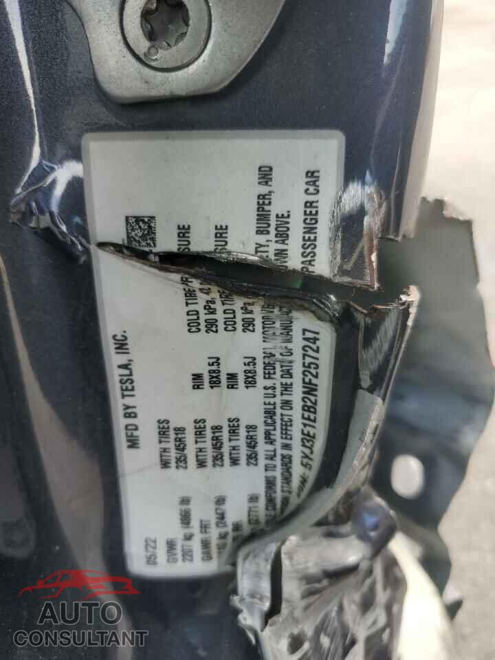 TESLA MODEL 3 2022 - 5YJ3E1EB2NF257247