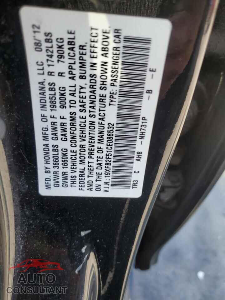 HONDA CIVIC 2012 - 19XFB2F51CE086532