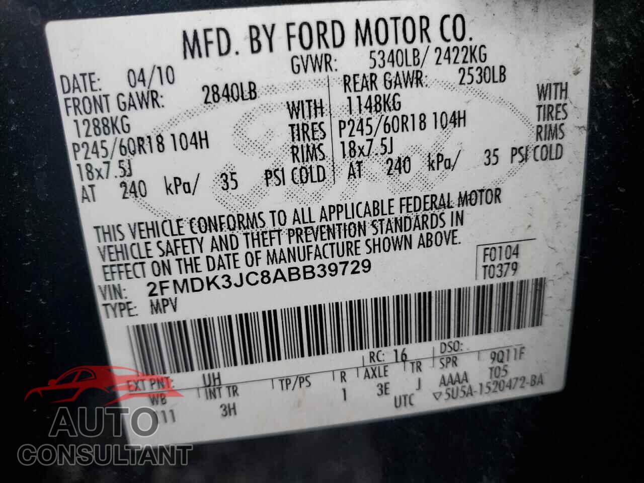 FORD EDGE 2010 - 2FMDK3JC8ABB39729